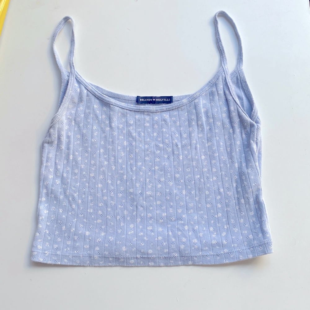 Brandy Melville, tank top, blue, spaghetti straps, ribbed, floral.